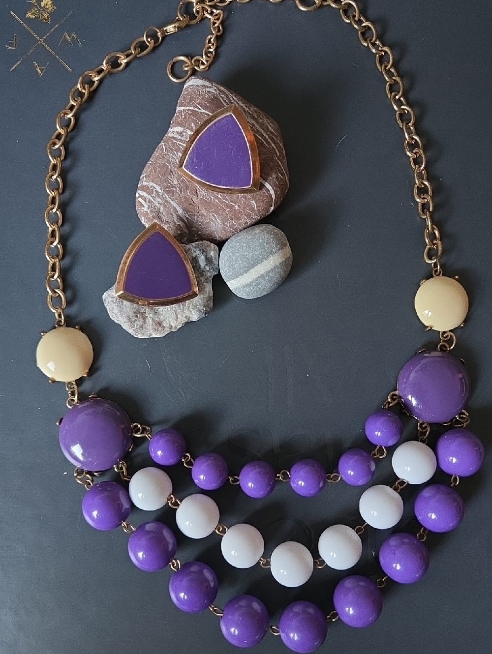 Vintage Style Purple & White Multi-Strand Bubble Necklace & Earring Set.